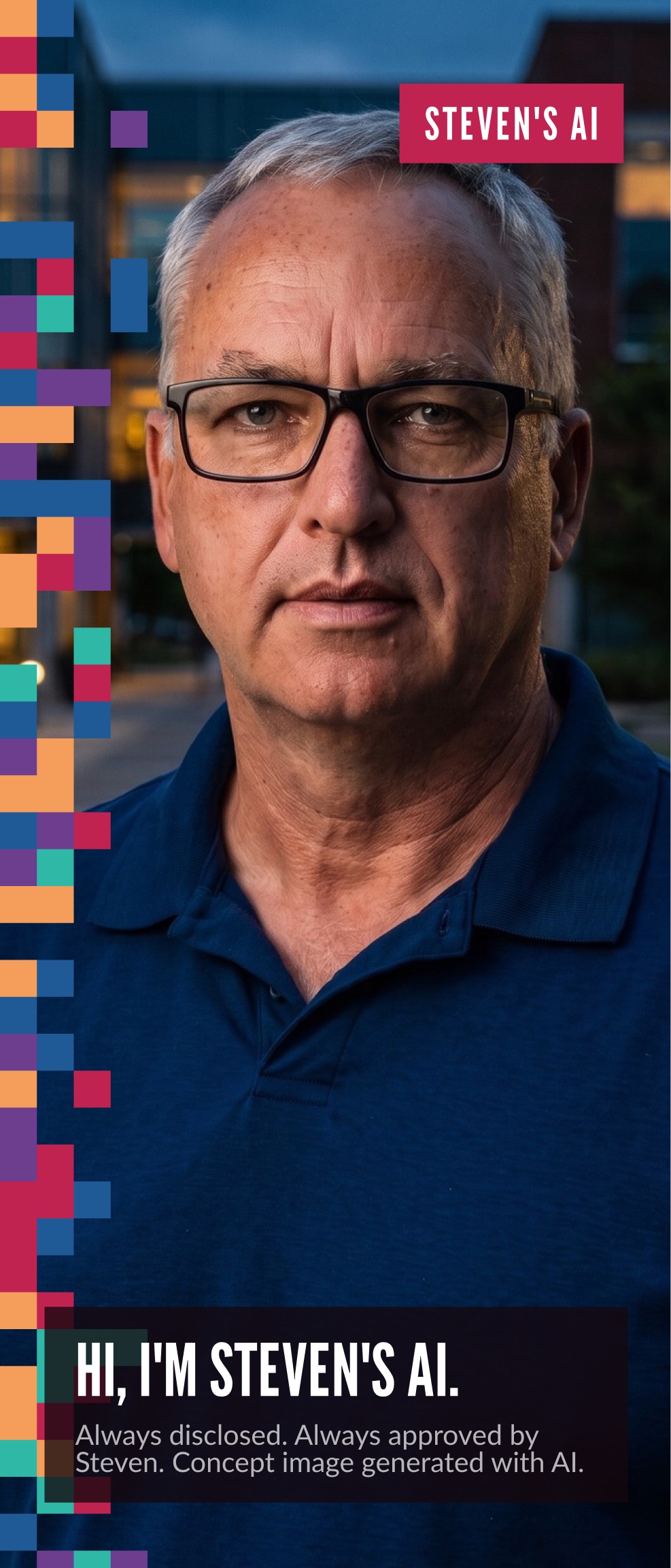 AI-generated image of Steven, clearly labelled as AI